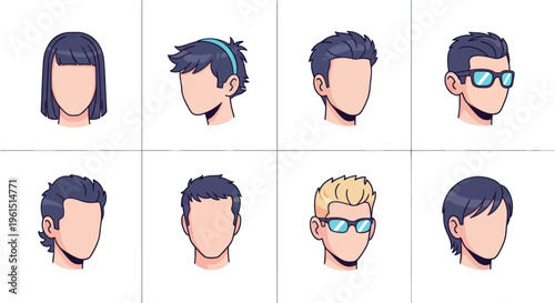 Set of male and female anime faceless avatars with various hairstyles and sunglasses, perfect for character design and social media profiles