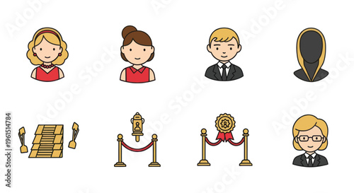 Set of people icons and red carpet elements including characters and stanchions with ropes, ideal for event and VIP related designs