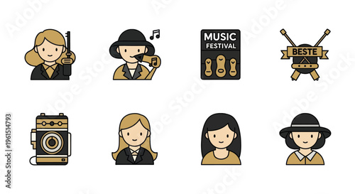Set of cute cartoon woman avatars with various accessories and expressions, music festival and vintage camera icons, ideal for social media or app avatars