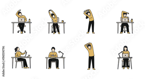 Office workers stretching and exercising at their desks to promote health and wellness in the workplace, ideal for corporate wellness programs