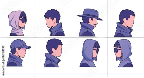 Profile set of faceless male and female cartoon characters in various hats and hoodies, ideal for avatar, gaming, and graphic design projects