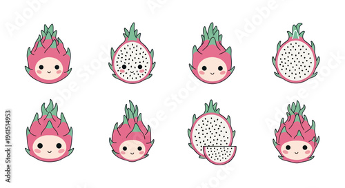 Cute cartoon dragon fruit characters and slices with smiling faces in pastel colors, perfect for kids and healthy food designs