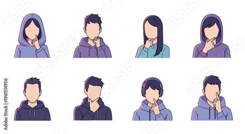 Set of faceless young people in hoodies showing thinking and whispering gestures, diverse avatars for social media or communication concepts