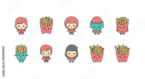 Cute cartoon characters with anthropomorphic French fries in colorful outfits, playful kawaii style illustrations for kids and fun design projects