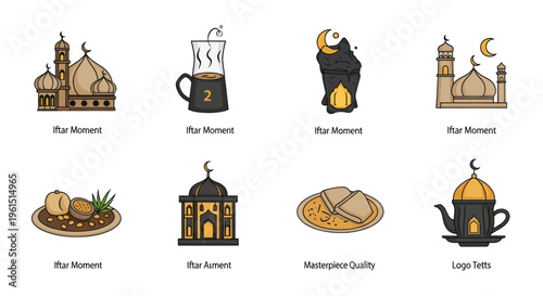 Set of Iftar moment illustrations with mosques, traditional food, tea, and coffee pot for Ramadan and Islamic celebration design