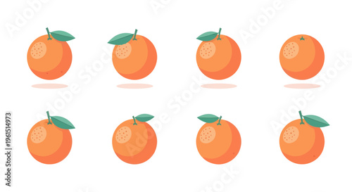 Set of flat style vector illustrations of oranges with green leaves on white background, perfect for food, nature, and healthy lifestyle designs