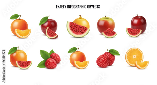 Colorful fruit infographic with apples, oranges, watermelon slices, and raspberries isolated on white background, perfect for healthy food designs