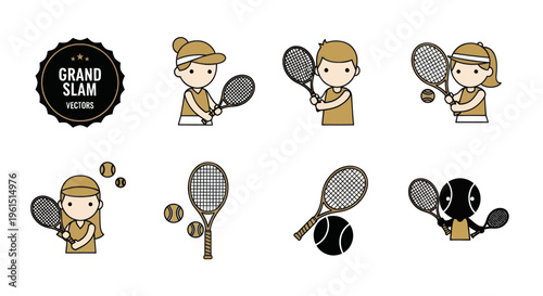 Set of eight grand slam tennis vector icons with players, rackets, balls, and logo in simple modern flat style for sports design