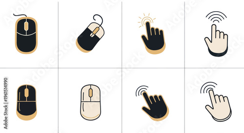 Set of mouse and hand cursor click icons in beige and black, touchscreen and wireless technology concept, digital interaction design