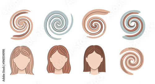 Set of faceless female portraits with abstract spiral hairstyles in brown and beige tones, perfect for beauty, haircare, and fashion design projects
