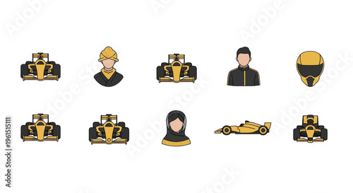 Racing car and diverse race driver icons collection with helmets and headshots in flat style suitable for motorsport design