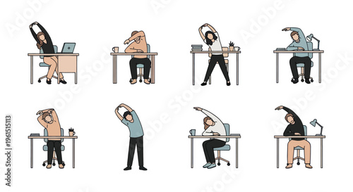Office workers stretching and exercising at their desks to promote health and wellness in the workplace