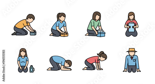 Set of diverse people kneeling in different poses including playing and praying illustrations for education, religion, activity concepts