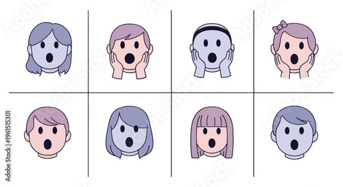 Set of surprised shocked cartoon faces with wide open mouths and expressive eyes, perfect for emotional expression and reaction illustration