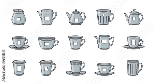 Set of various grey teapots, coffee mugs, cups, and takeaway cups isolated on white background, vector illustration for kitchenware and beverage design