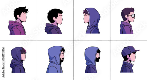 Side profile illustration set of young people in hoodies and caps with different hairstyles and accessories, suitable for avatars and character design