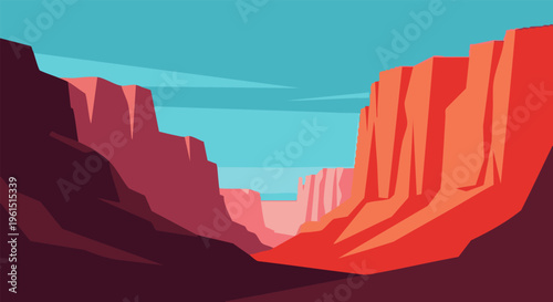 Striking vector illustration depicting a deep canyon landscape under a bright turquoise sky.