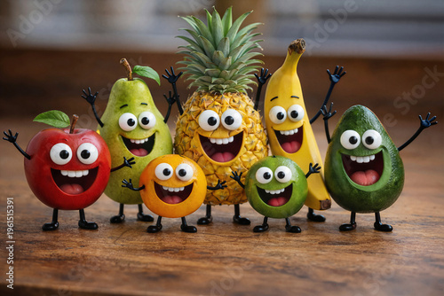 A group of cheerful fruits with funny faces and tiny arms stand together, smiling and celebrating. The playful scene feels joyful, colorful, and perfect for fun, kids, and healthy food themes.