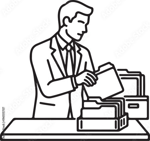 Man sorting files and folders on desk administrative task outline.