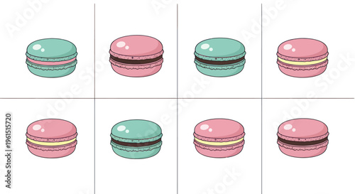 Colorful hand-drawn macarons in pink and mint colors with various cream fillings, perfect for dessert or bakery themed designs