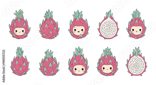 Cute cartoon dragon fruit characters with various expressions and whole and sliced fruits, fun kawaii style illustrations perfect for kids and healthy food themes