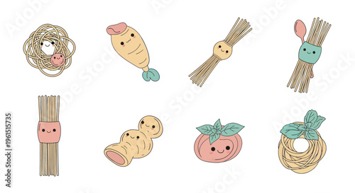 Cute cartoon Italian pasta varieties with friendly faces including spaghetti, fusilli, rigatoni, farfalle and tomato basil for cooking and food design