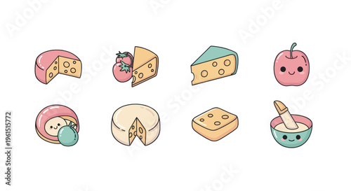 Cute kawaii cartoon cheese varieties with happy faces, tomato and apple characters, perfect for food and children's illustrations