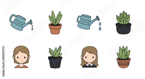 Cute hand-drawn icons of watering cans, potted plants, and female avatars for gardening and nature-themed projects