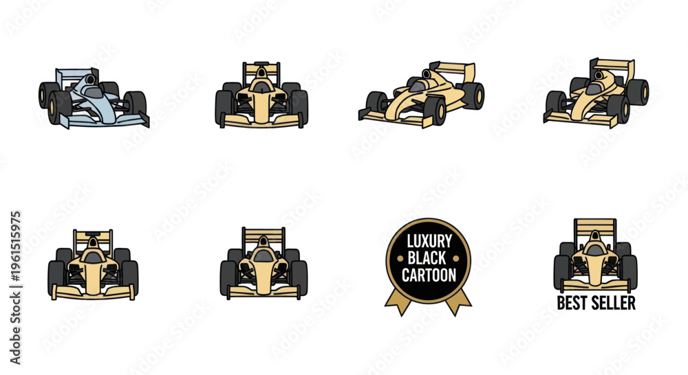 Obraz premium Set of cartoon racing Formula 1 cars in various angles and styles, best seller luxury black edition, perfect for motorsport and auto design projects