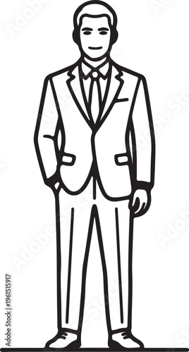 Businessman in a suit standing with his hand in his pocket.