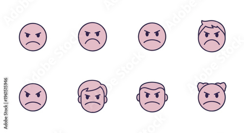 Set of angry emoji icons with various hairstyles and expressions, perfect for emotional and social media design projects