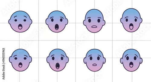Set of cartoon emoticons with blue and purple gradient faces showing surprise and uncertainty expressions, ideal for digital communication and social media projects