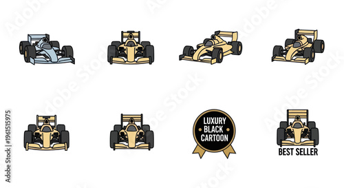 Set of cartoon racing Formula 1 cars in various angles and styles, best seller luxury black edition, perfect for motorsport and auto design projects