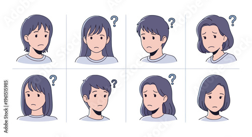 Set of confused and sad young people with question marks, uncertain emotions and puzzled expressions, ideal for mental health, communication and education topics