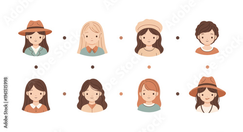 Set of diverse cute female avatars with different hairstyles and accessories flat icons, perfect for social media, profiles, and app design