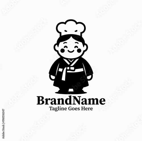 Cute Korean Chef Mascot Hanbok Silhouette Restaurant Logo