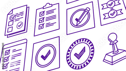 Line vector icons for regulatory approval workflows, including process steps, verification and authorization symbols. Perfect for enterprise software, compliance tools and business dashboards.