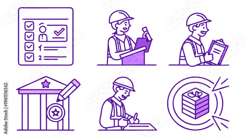 Line vector icons for regulatory approval workflows, including process steps, verification and authorization symbols. Perfect for enterprise software, compliance tools and business dashboards.