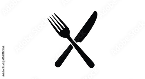 Flat isolated 2d icon of black silhouette of crossed fork and knife