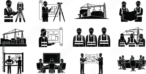 “Construction engineering vector set with architects, blueprints, project planning, teamwork, site survey, cranes, building design, teamwork collaboration, and architecture”