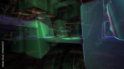 Closeup of green glowing machinery.