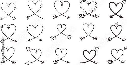 Collection of red love heart icons. Big set of red hearts. Heart shape icon in drawing, doodle, outline, sketch, scribble and hand drawn. Symbol of love. Design 