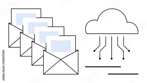 Data management, cloud computing, email communication, digital transfer, tech connectivity, file sharing. Four open envelopes with documents and a cloud with connections. Data management and cloud