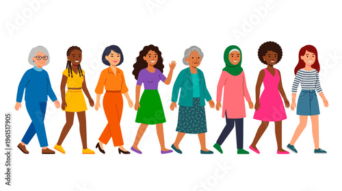 A diverse group of women walking together, hand in hand, promoting unity and representation. The women come from various backgrounds, showcasing diversity. 