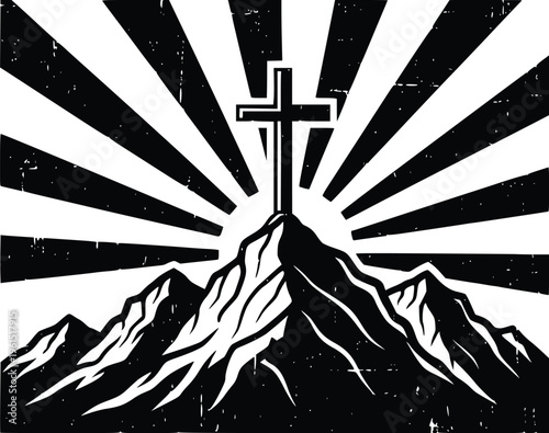 Hand Drawn Cross on Mountain with Sun Rays Vintage Christian Illustration