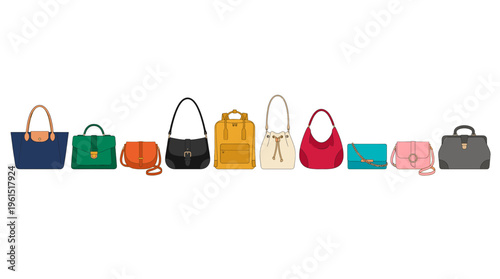A collection of diverse stylish handbags in various shapes and colors, offering a spectrum of fashion accessories. The assortment of bags showcases various designs and materials.