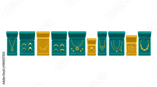 Elegant display of various jewelry items, carefully presented in their boxes, showcasing the artistry of each piece