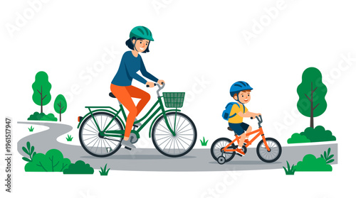 A mother and child enjoying a bicycle ride on a pathway with greenery surroundings. They are both wearing helmets for safety