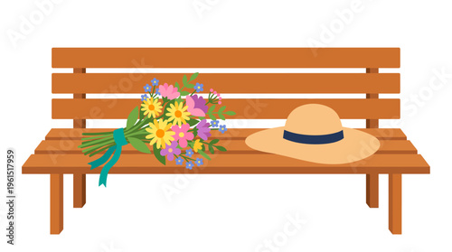 A bench adorned with a bouquet of flowers and a sun hat, evoking a sense of tranquility. The bouquet displays a colorful array of floral arrangements with a hat