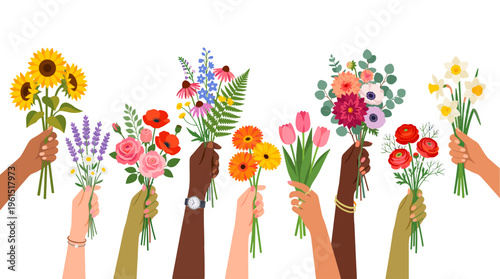 A diverse group of hands is holding beautiful and colorful flower bouquets, creating a vibrant display of nature's beauty and human connection.